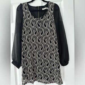 Black and White Lace Dress with Sheer Long Sleeves